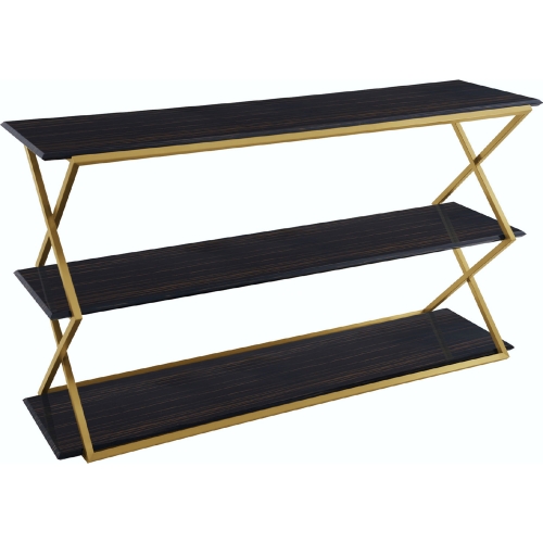 Westlake 3 Tier Console Table in Dark Brown Veneer w/ Brushed Gold Legs