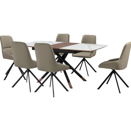 Alora & Maverick 7 Piece Dining Set in Gray Ceramic, Walnut & Taupe Leatherette