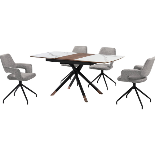 Alora & Penny 5 Piece Ext Dining Set in Gray Ceramic, Walnut, Black & Gray Fabric