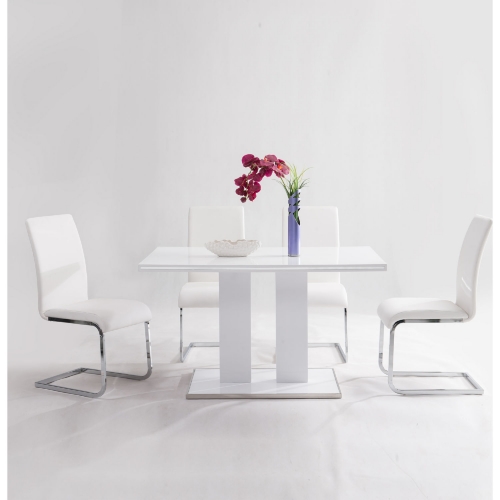 Amanda 5 Piece Dining Set in White, Stainless & White Leatherette