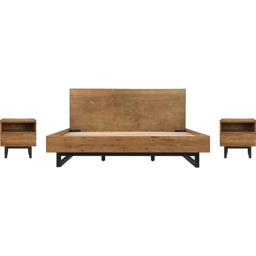 Aldo King 3 Piece Bedroom Set in Brown Oak Wood & Black Metal