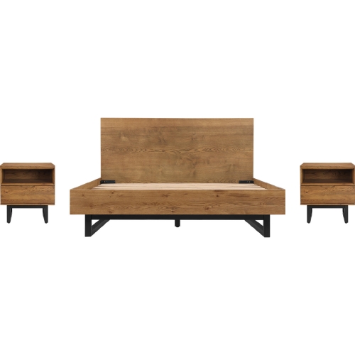 Aldo Queen 3 Piece Bedroom Set in Brown Oak Wood & Black Metal