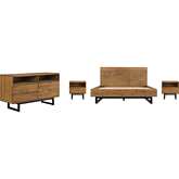 Aldo Queen 4 Piece Bedroom Set in Brown Oak Wood & Black Metal