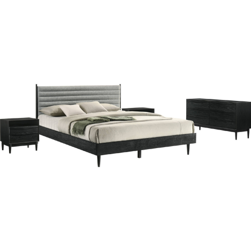 Artemio 4 Piece King Bedroom Set in Gray Fabric & Black Finish Wood