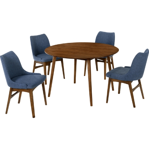 Arcadia & Azalea 48" Round 5 Piece Dining Set in Blue Fabric & Walnut Wood