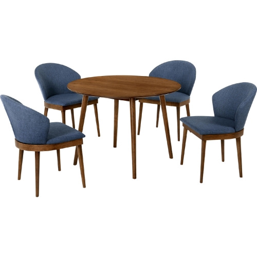 Arcadia & Juno 42" Round 5 Piece Dining Set in Blue Fabric & Walnut Wood