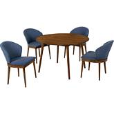 Arcadia & Juno 48" Round 5 Piece Dining Set in Blue Fabric & Walnut Wood