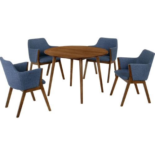 Arcadia & Renzo 42" Round 5 Piece Dining Set in Blue Fabric & Walnut Wood