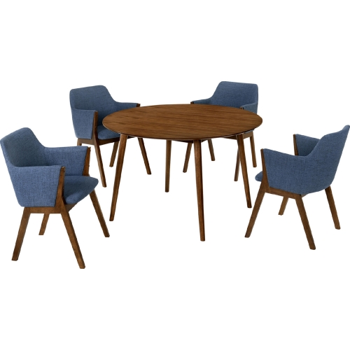 Arcadia & Renzo 48" Round 5 Piece Dining Set in Blue Fabric & Walnut Wood