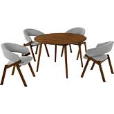 Arcadia & Talulah 48" Round 5 Piece Dining Set in Gray Fabric & Walnut Wood