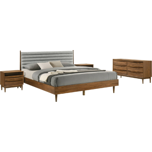 Artemio 4 Piece King Bedroom Set in Gray Fabric & Walnut Finish Wood