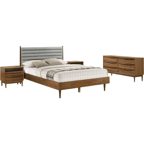 Artemio 4 Piece Queen Bedroom Set in Gray Fabric & Walnut Finish Wood