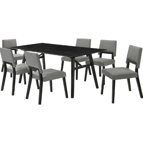 Channell 7 Piece Dining Set with Bench in Black Wood & Charcoal Gray Fabric