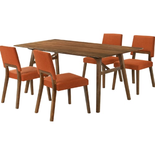 Channell 5 Piece Dining Set in Walnut Finish Wood & Orange Fabric