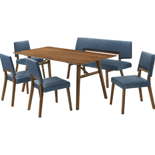 Channell 6 Piece Dining Set in Walnut Finish Wood w/ Bench in Blue Fabric