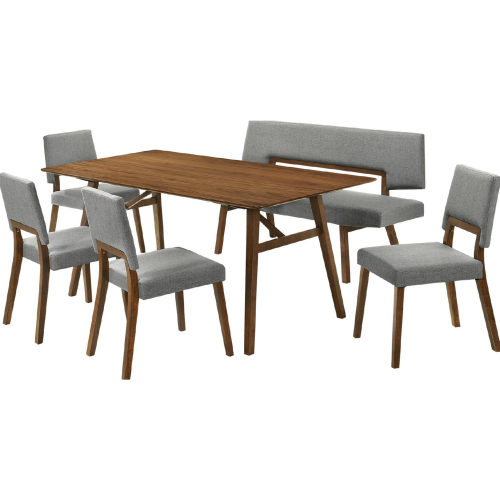 Channell 6 Piece Dining Set in Walnut Finish Wood w/ Bench in Charcoal Fabric