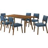 Channell 7 Piece Dining Set in Walnut Finish Wood & Blue Fabric