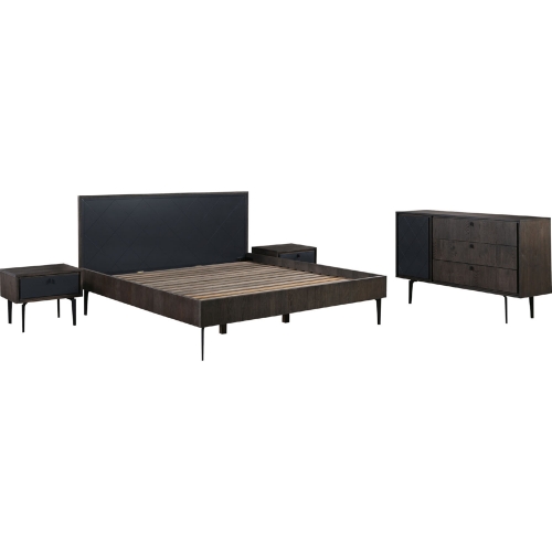 Cross 4 Piece King Bedroom Set in Solid Dark Oak & Metal