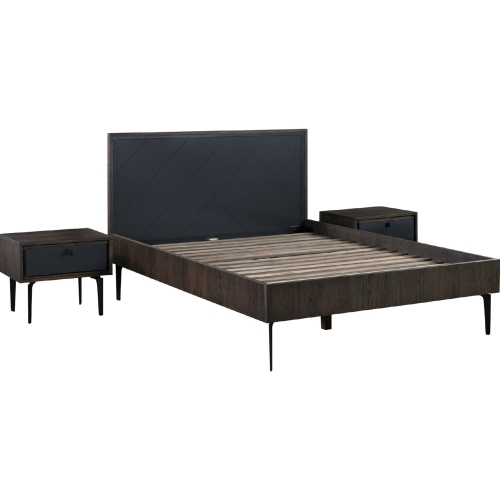 Cross 3 Piece Queen Bedroom Set in Solid Dark Oak & Metal