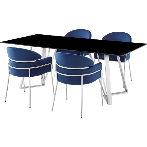 Cressida & Portia 5 Piece Dining Set in Blue Fabric, Black Glass & Brushed Steel