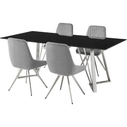 Cressida & Skye 5 Piece Dining Set in Grey Fabric, Black Glass & Brushed Steel