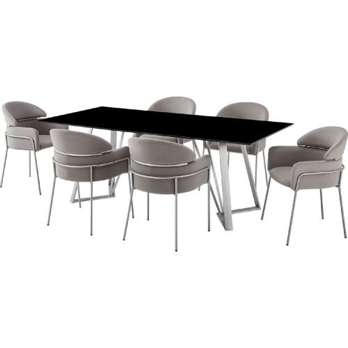 Cressida & Portia 7 Piece Dining Set in Grey Fabric, Black Glass & Brushed Steel