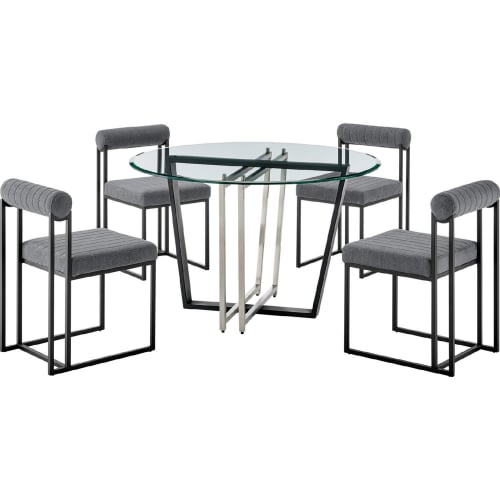 Devi & Anastasia 5 Piece Dining Set in Matte Black Iron, Glass & Anchor Gray Fabric