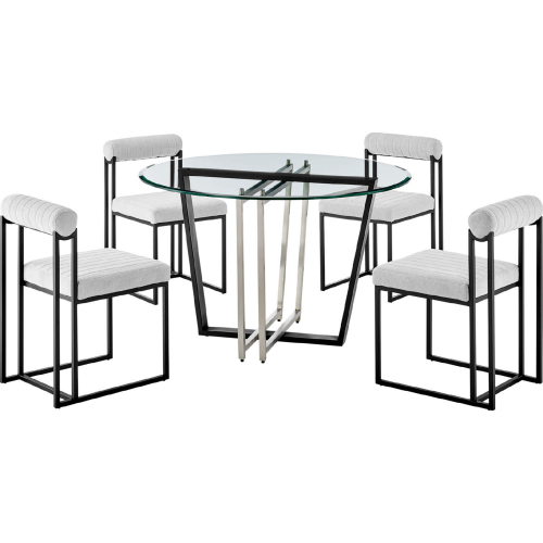 Devi & Anastasia 5 Piece Dining Set in Matte Black Iron, Glass & Light Gray Fabric