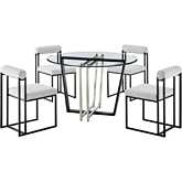 Devi & Anastasia 5 Piece Dining Set in Matte Black Iron, Glass & Light Gray Fabric