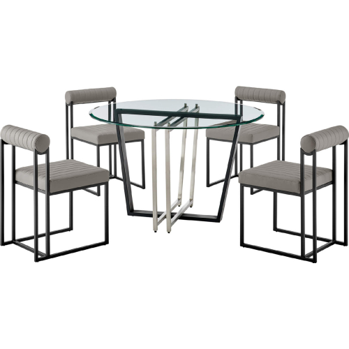 Devi & Anastasia 5 Piece Dining Set in Matte Black Iron, Glass & Light Gray Leatherette