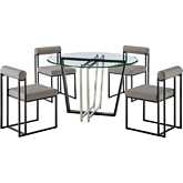 Devi & Anastasia 5 Piece Dining Set in Matte Black Iron, Glass & Light Gray Leatherette