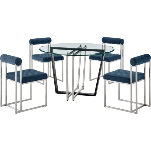 Devi & Anastasia 5 Piece Dining Set in Brushed Stainless Steel, Glass & Blue Fabric