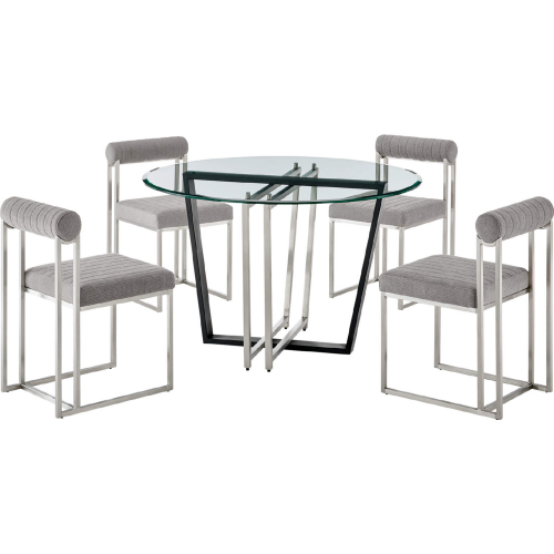 Devi & Anastasia 5 Piece Dining Set in Brushed Stainless Steel, Glass & Light Gray Fabric