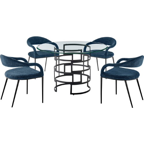 Diaz & Morgan 5 Piece Dining Set in Matte Black Iron, Glass & Blue Fabric