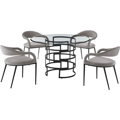 Diaz & Morgan 5 Piece Dining Set in Matte Black Iron, Glass & Light Gray Fabric