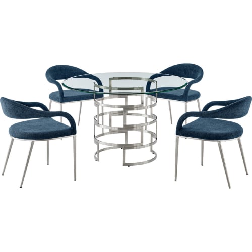 Diaz & Morgan 5 Piece Dining Set in Brushed Stainless Steel, Glass & Blue Fabric