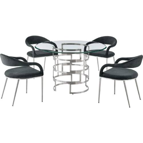 Diaz & Morgan 5 Piece Dining Set in Brushed Stainless Steel, Glass & Charcoal Fabric