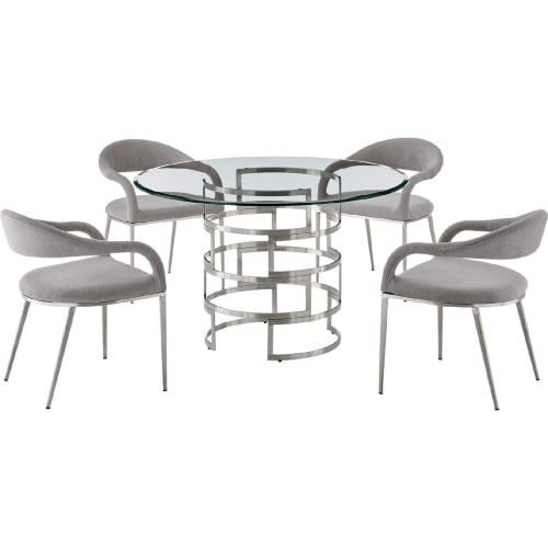 Diaz & Morgan 5 Piece Dining Set in Brushed Stainless Steel, Glass & Light Gray Fabric