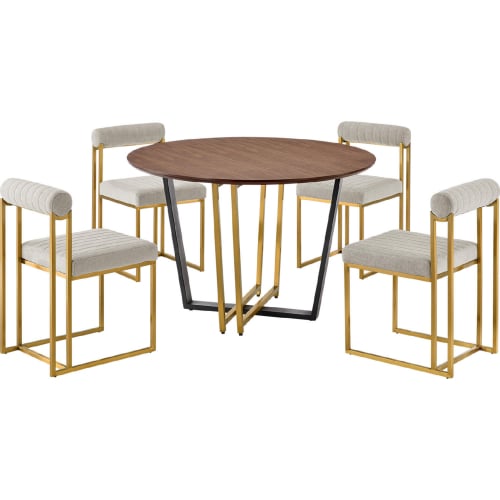 Joana & Anastasia 5 Piece Dining Set in Brushed Stainless Steel, Walnut & Taupe Fabric