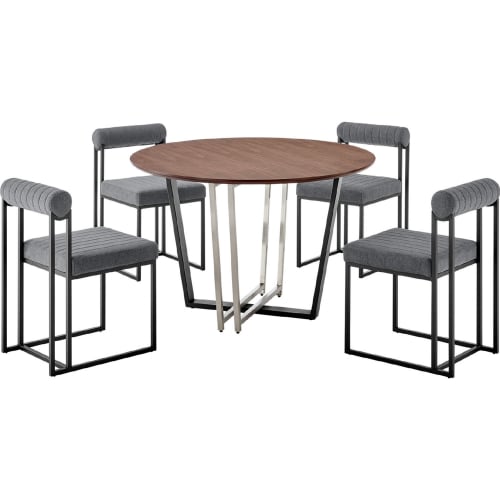 Joana & Anastasia 5 Piece Dining Set in Matte Black Iron, Walnut & Anchor Gray Fabric