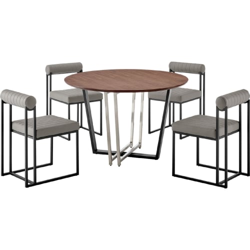 Joana & Anastasia 5 Piece Dining Set in Matte Black Iron, Walnut & Light Gray Leatherette