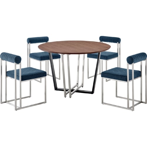 Joana & Anastasia 5 Piece Dining Set in Brushed Stainless Steel, Walnut & Blue Fabric