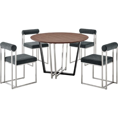 Joana & Anastasia 5 Piece Dining Set in Brushed Stainless Steel, Walnut & Charcoal Fabric