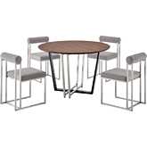 Joana & Anastasia 5 Piece Dining Set in Brushed Stainless Steel, Walnut & Light Gray Fabric