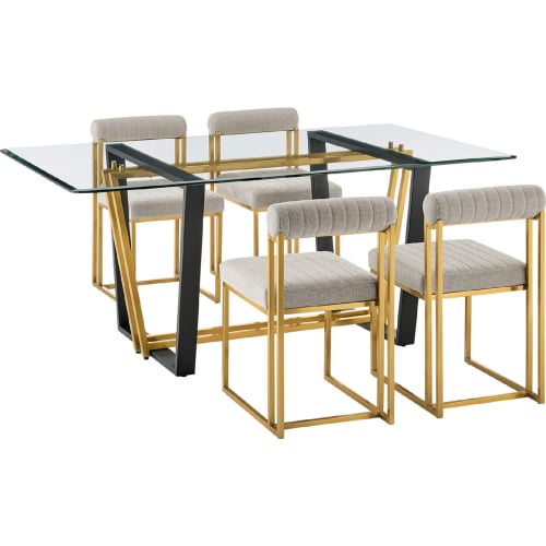 Kai & Anastasia 5 Piece Dining Set in Brushed Gold Stainless Steel, Glass & Taupe Fabric