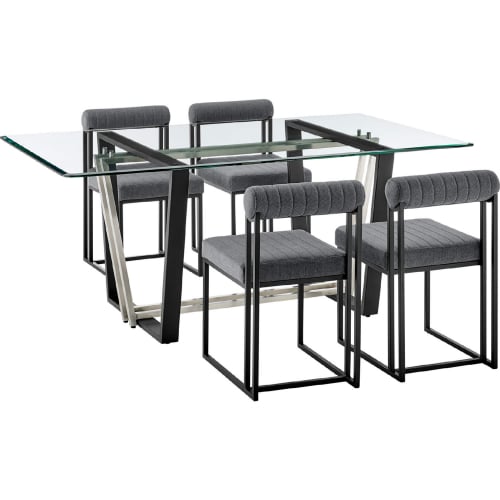 Kai & Anastasia 5 Piece Dining Set in Matte Black Iron, Glass & Anchor Gray Fabric