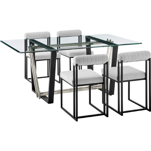 Kai & Anastasia 5 Piece Dining Set in Matte Black Iron, Glass & Light Gray Fabric