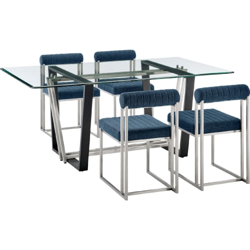 Kai & Anastasia 5 Piece Dining Set in Brushed Stainless Steel, Glass & Blue Fabric