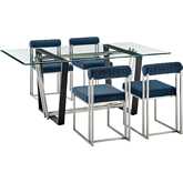 Kai & Anastasia 5 Piece Dining Set in Brushed Stainless Steel, Glass & Blue Fabric