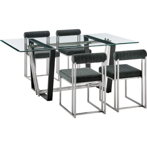 Kai & Anastasia 5 Piece Dining Set in Brushed Stainless Steel, Glass & Charcoal Fabric